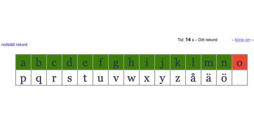 An example of what it looks like in the Type the Alphabet game if you enter the wrong letter. In the example, the player has missed entering O, which is shown by the O being highlighted in red. 