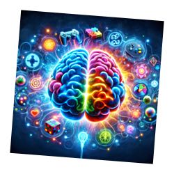 The image illustrates how the brain is stimulated by games through vibrant colors and game elements such as game controls and puzzle pieces that revolve around the brain.