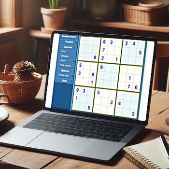 An open laptop on a wooden desk displaying an online Sudoku puzzle on the screen. The puzzle grid is partially filled with numbers